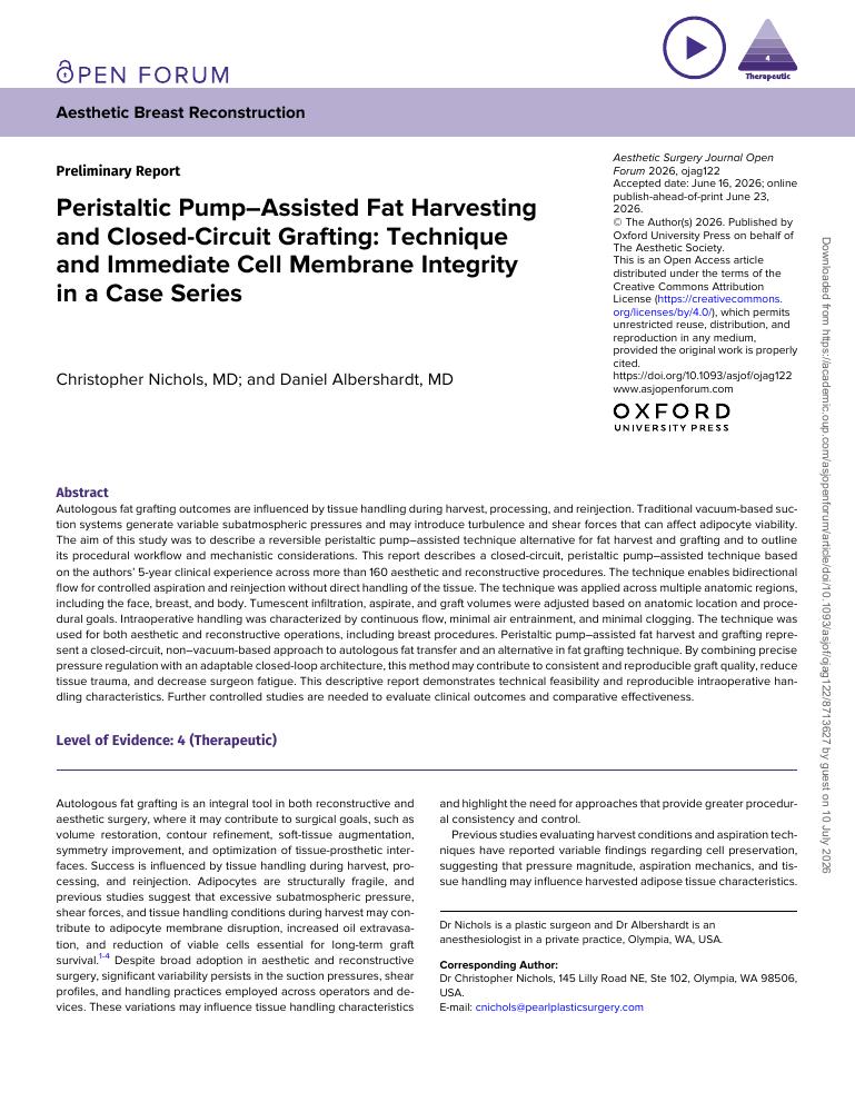 Peristaltic Pump–Assisted Fat Harvesting & Closed-Circuit Grafting